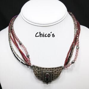 Chico's Purple Beaded Hammered Silver Tone Pendant Necklace, 20 Inches